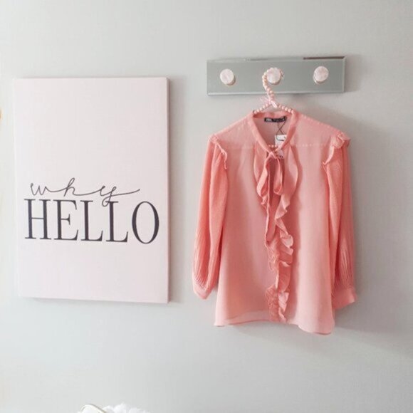 NWT Zara pink pleated sleeve self-tie detail ruffled sheer blouse S - Picture 2 of 5